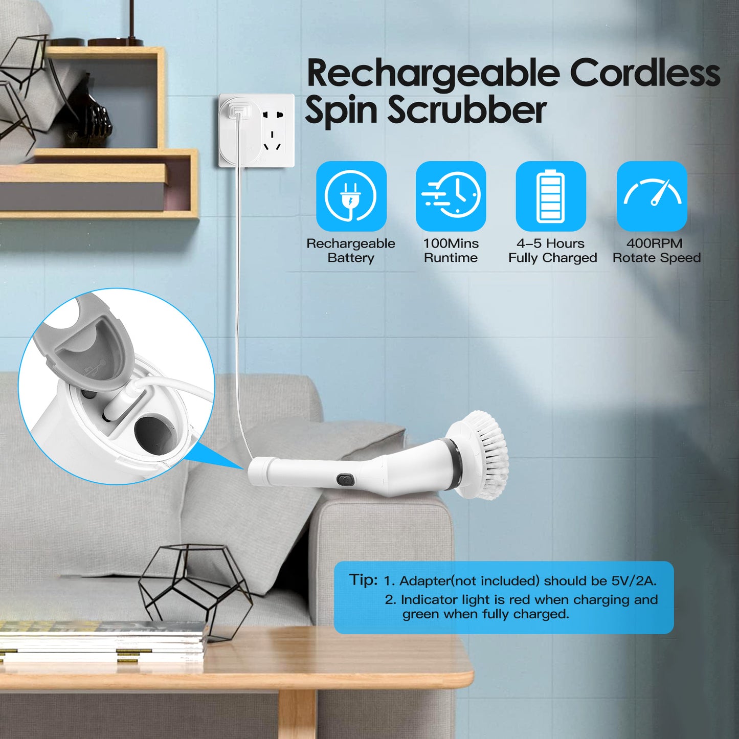 Electric Spin Scrubber with Telescopic Arm & 6 Brush Heads