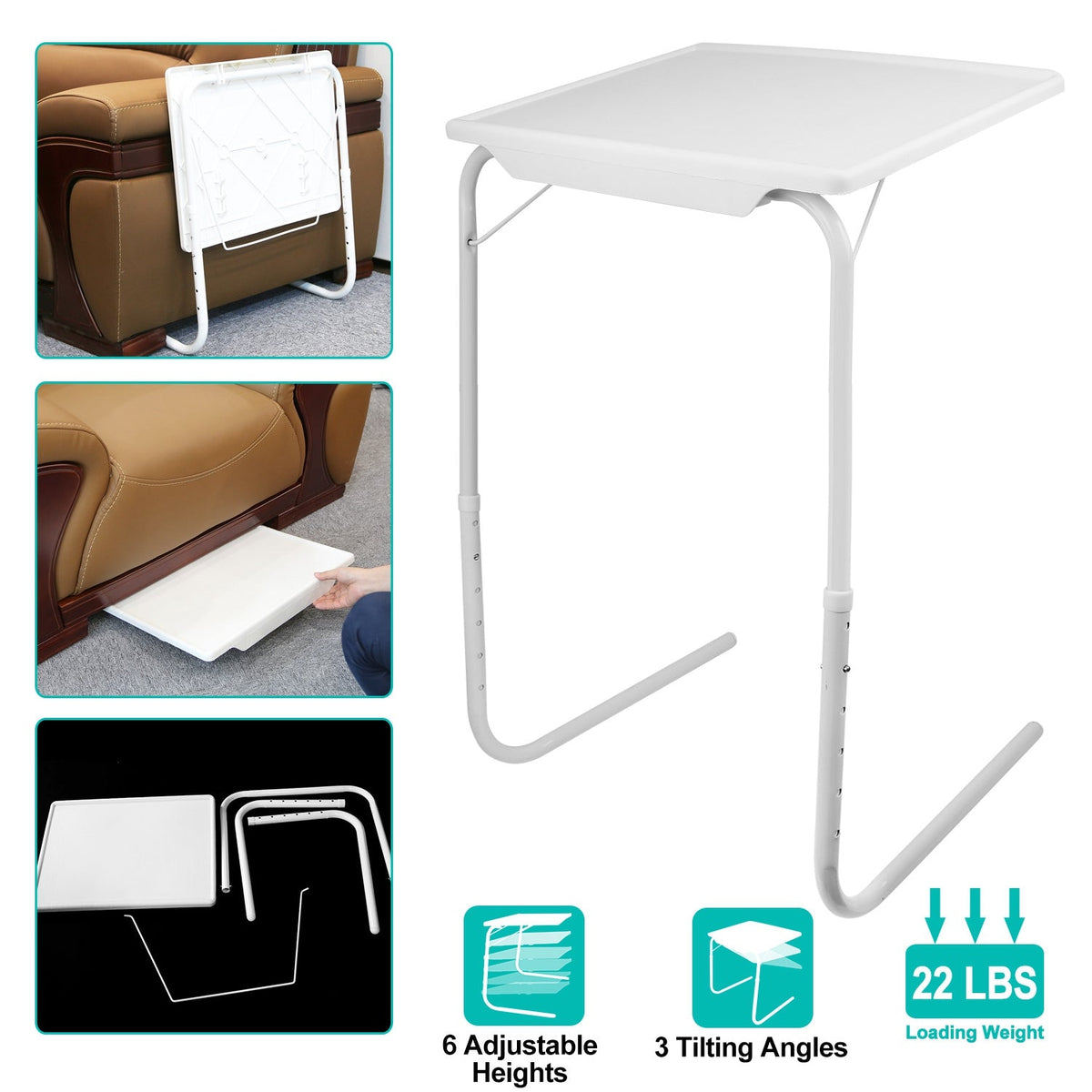 Foldable Tray Table Portable Sofa TV Tray 6 Heights 3 Angles Laptop Desk Adjustable Eating Dinner Coffee for Bed Dorm Home