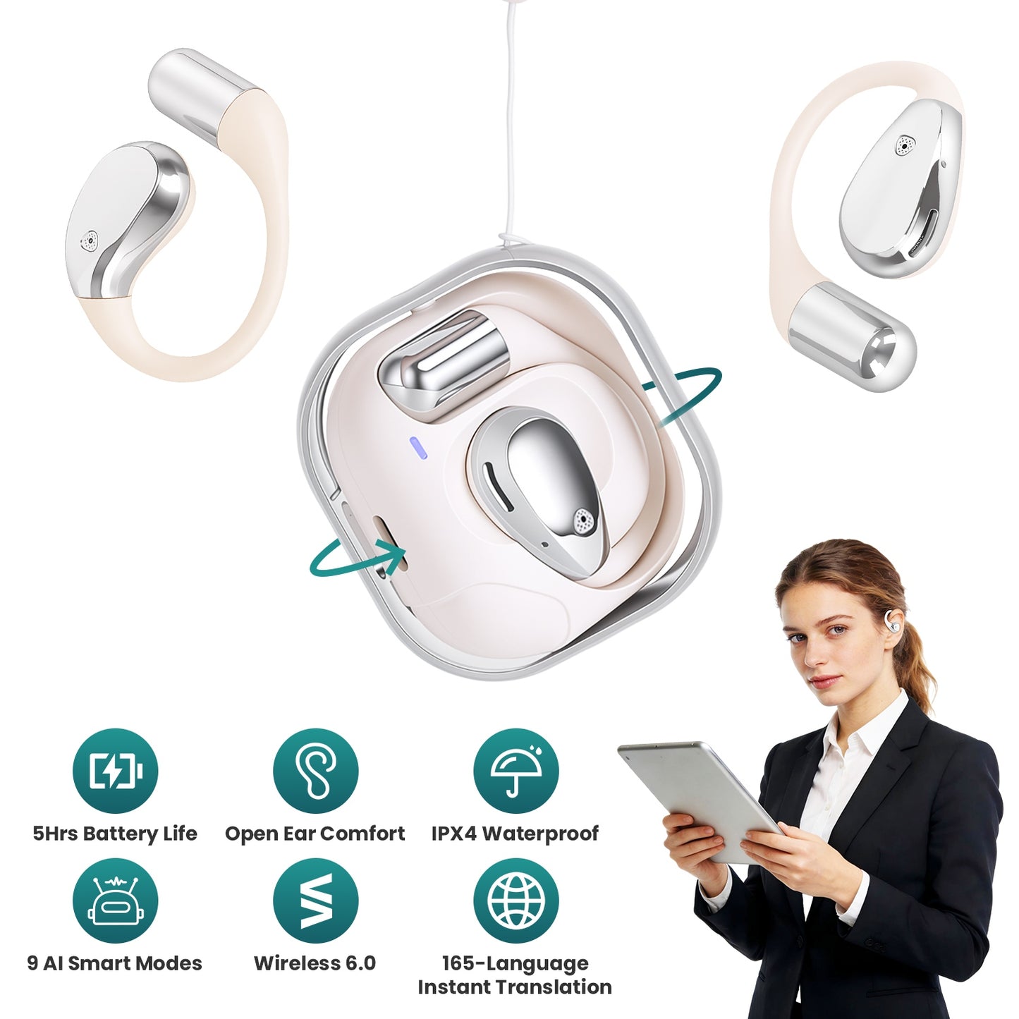 AI Translation Earbuds with 165 Languages & Open-Ear Design