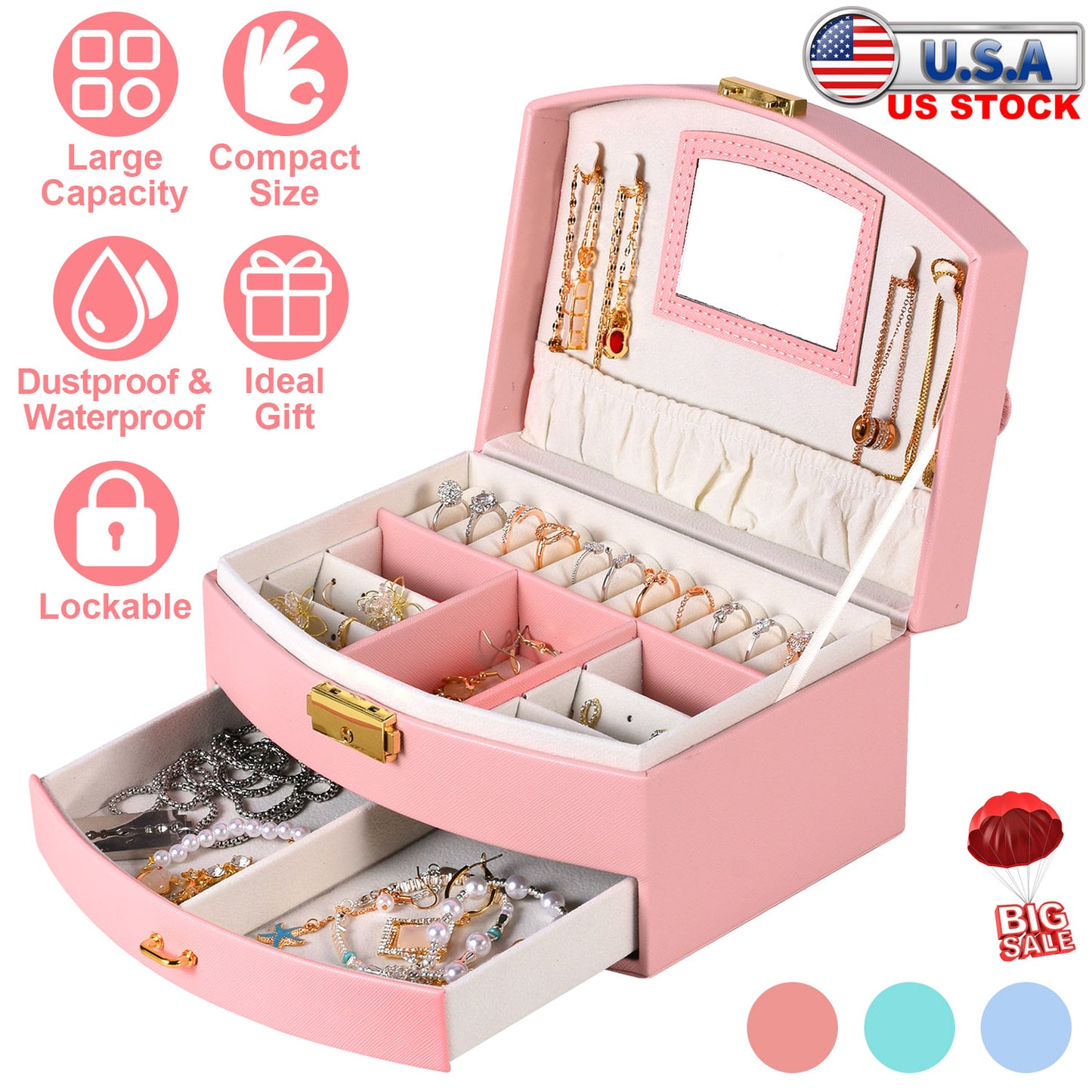 2-Layer Lockable Jewelry Box with Travel Handle & Mirror