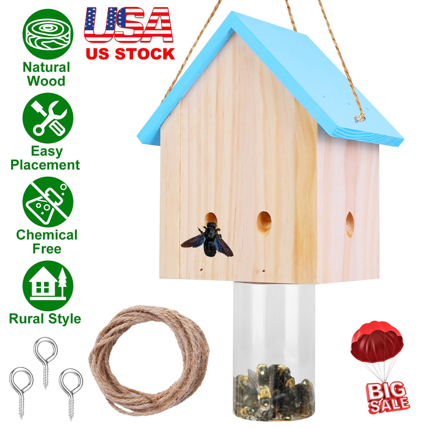 Carpenter Bee Trap - Natural Pine Wood Outdoor Hanging