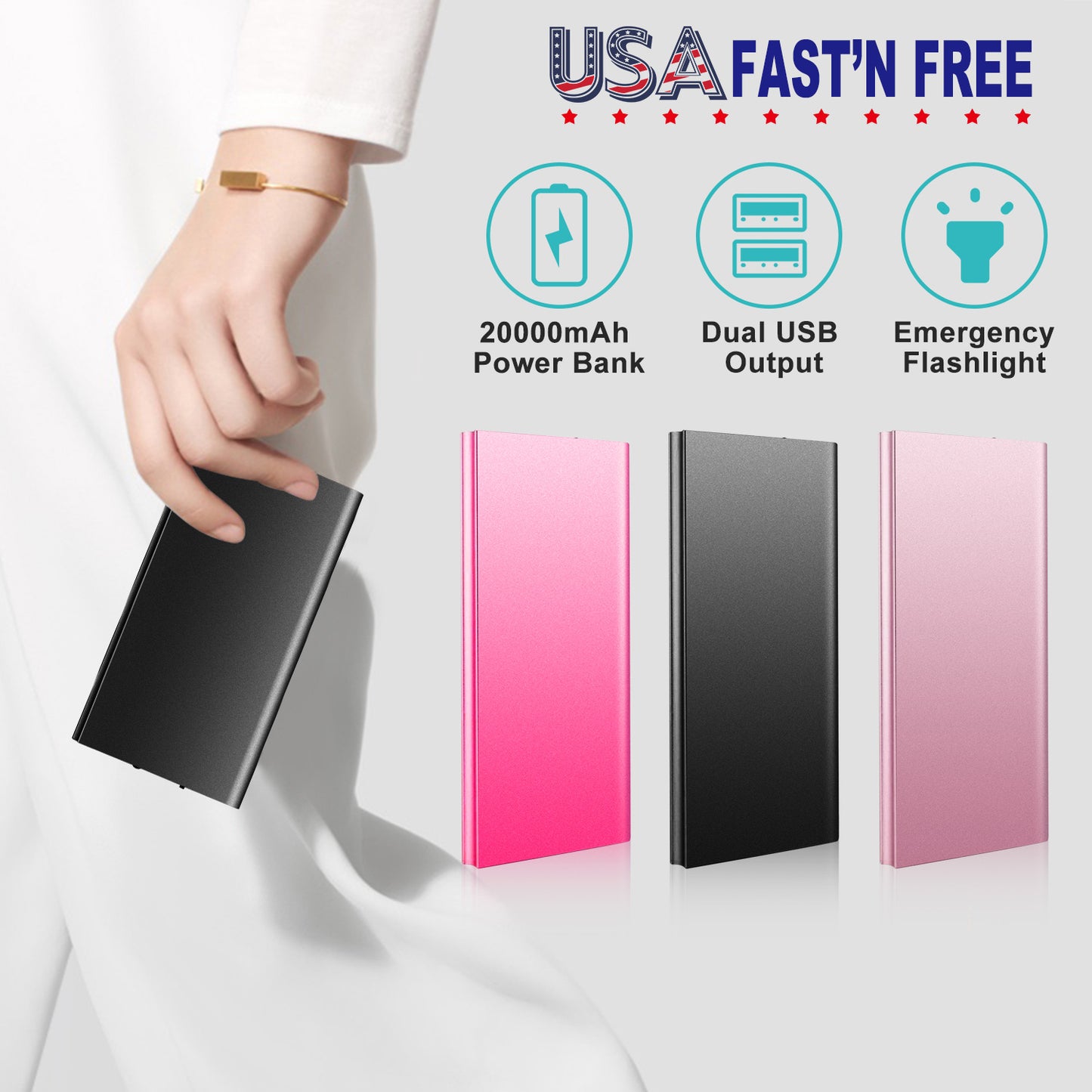 20000mAh Power Bank Dual USB Ports Ultra-Thin Portable Charger