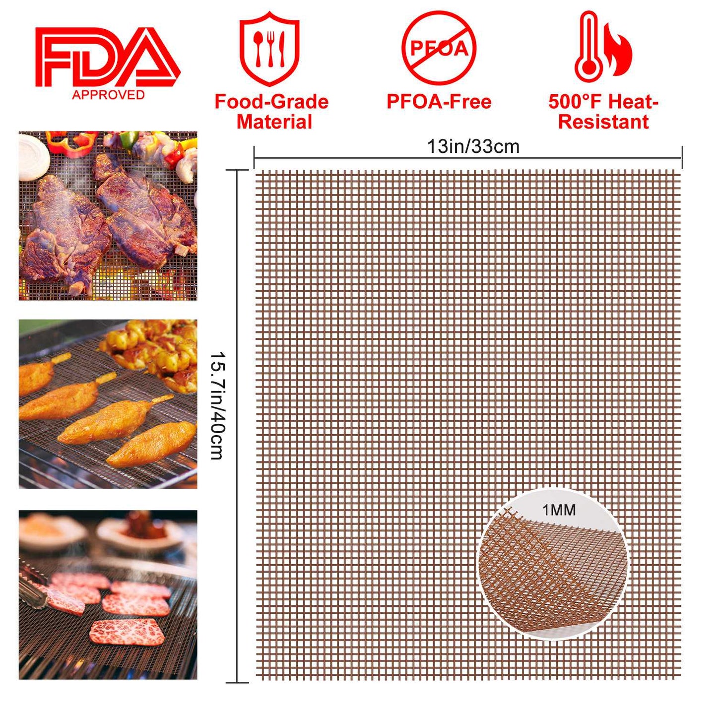 Non-Stick BBQ Grill Mat - Reusable Heat Resistant Mesh Liner