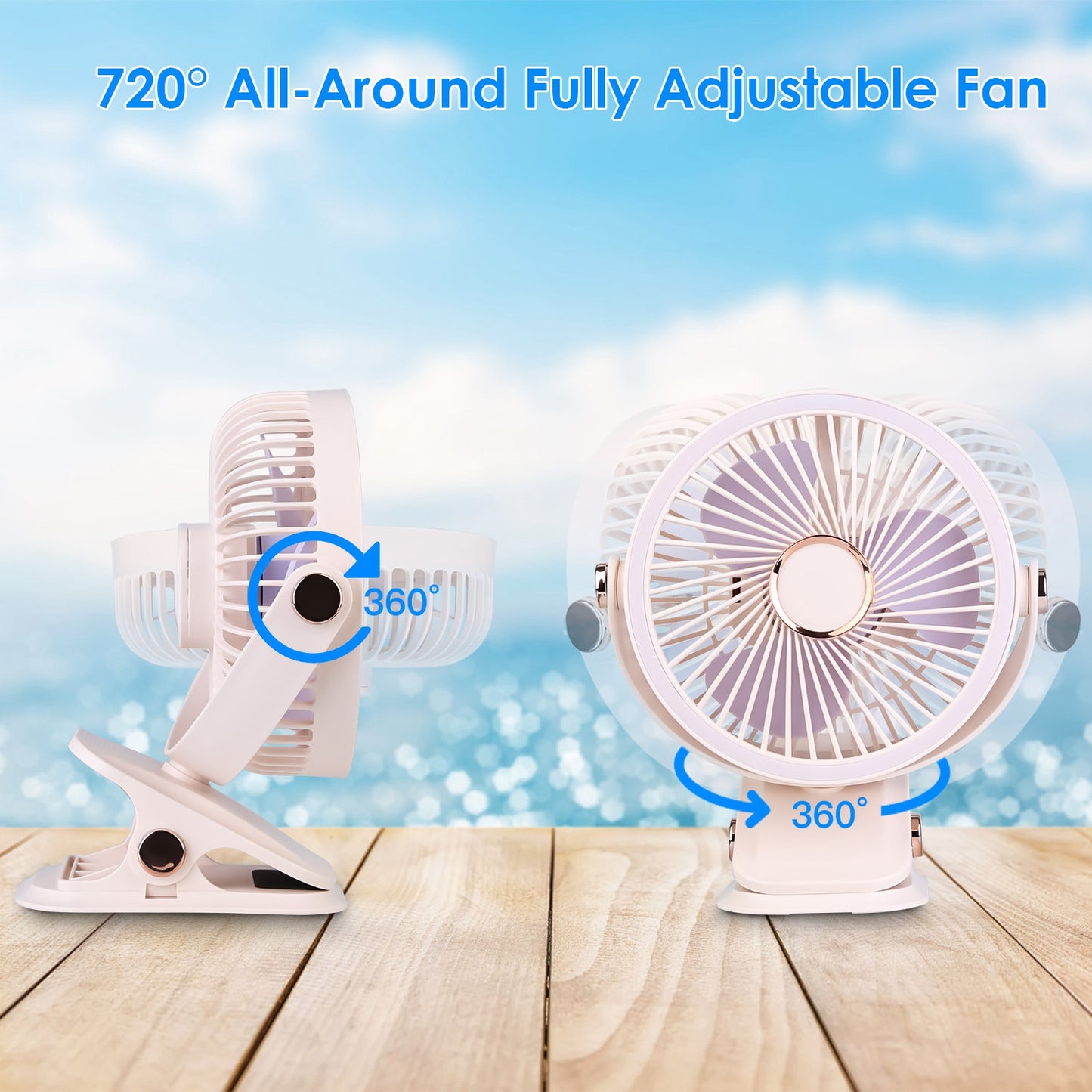 Clip-On Fan with 5 Speeds, LED Light & 720° Rotation