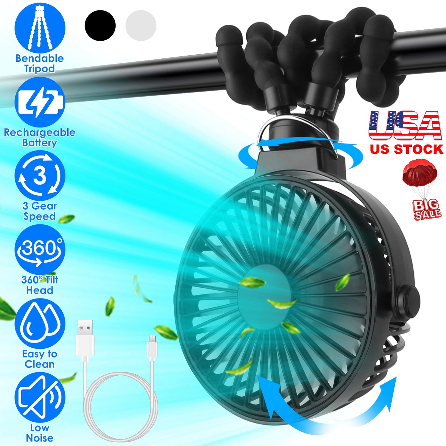 Portable Stroller Fan with Flexible Tripod & Rechargeable Battery