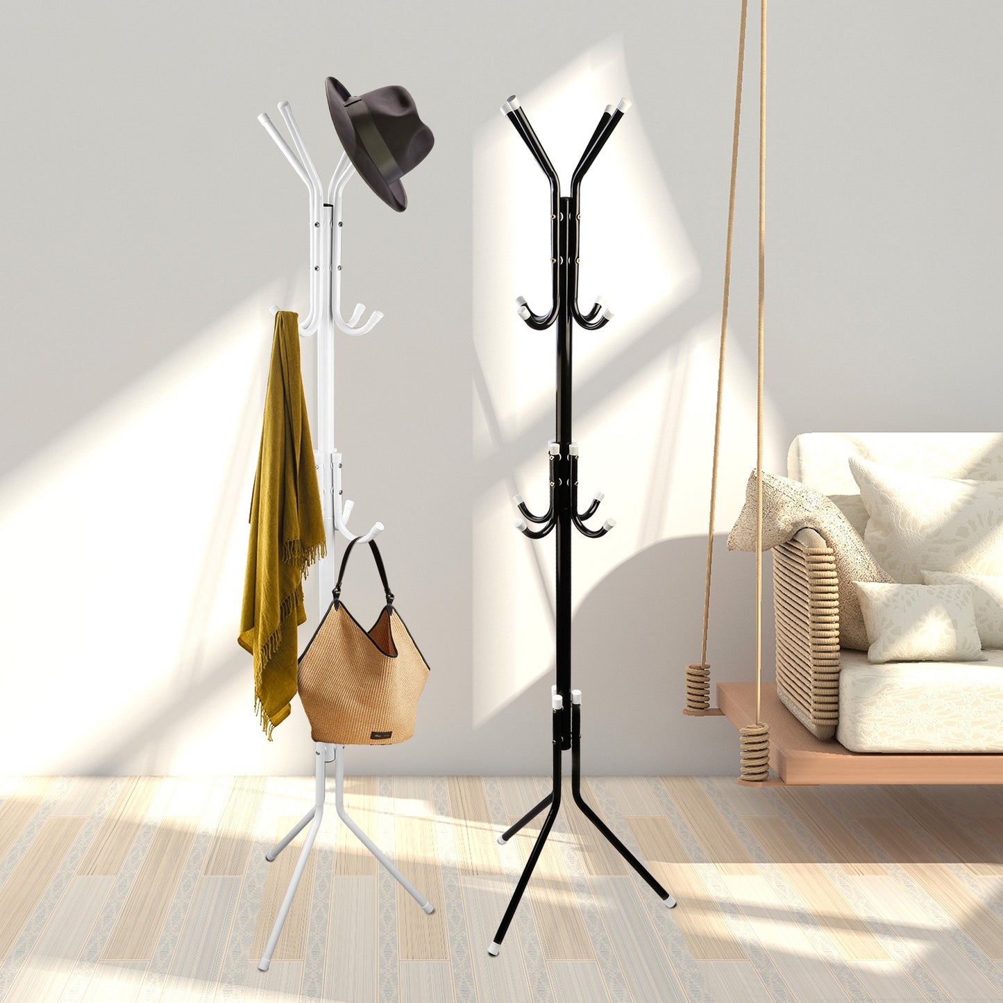 Standing Coat Rack with 8 Hooks - 3 Tier Metal Organizer