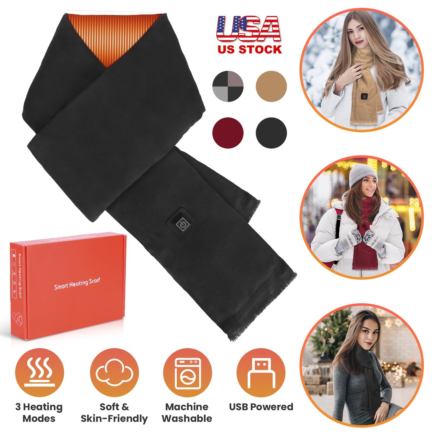 USB Heated Winter Scarf with 3 Temperature Settings