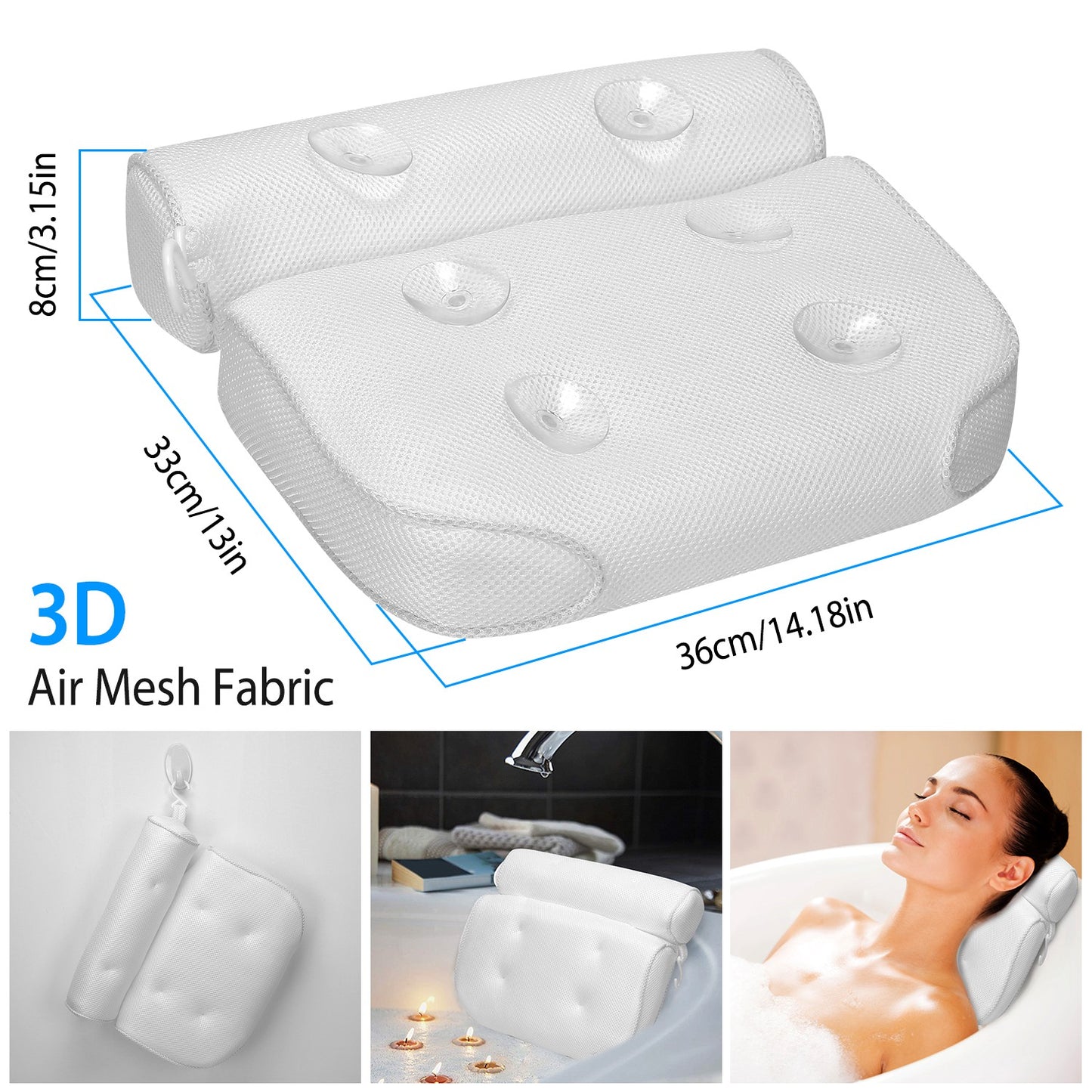 Bath Pillow with Suction Cups for Neck and Head Support