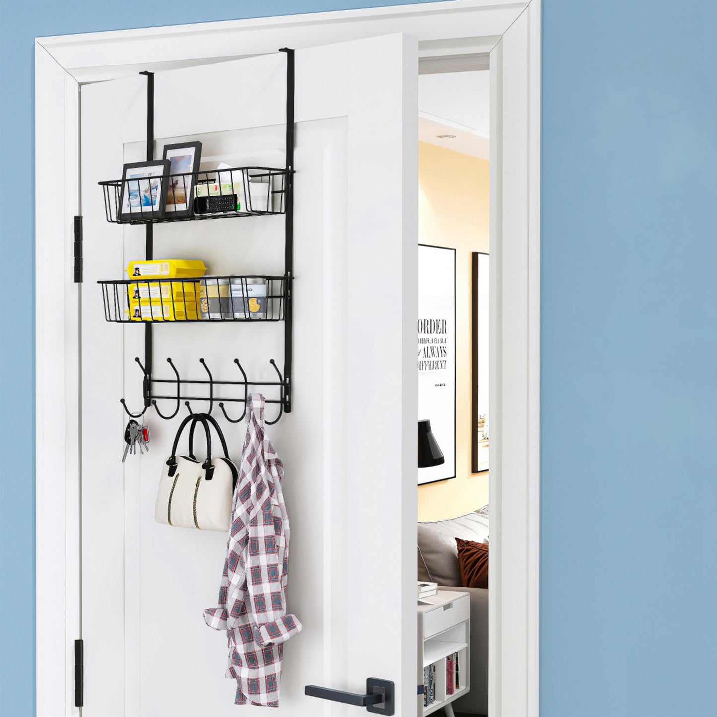 Over The Door Organizer with 5 Hooks and 2 Metal Baskets