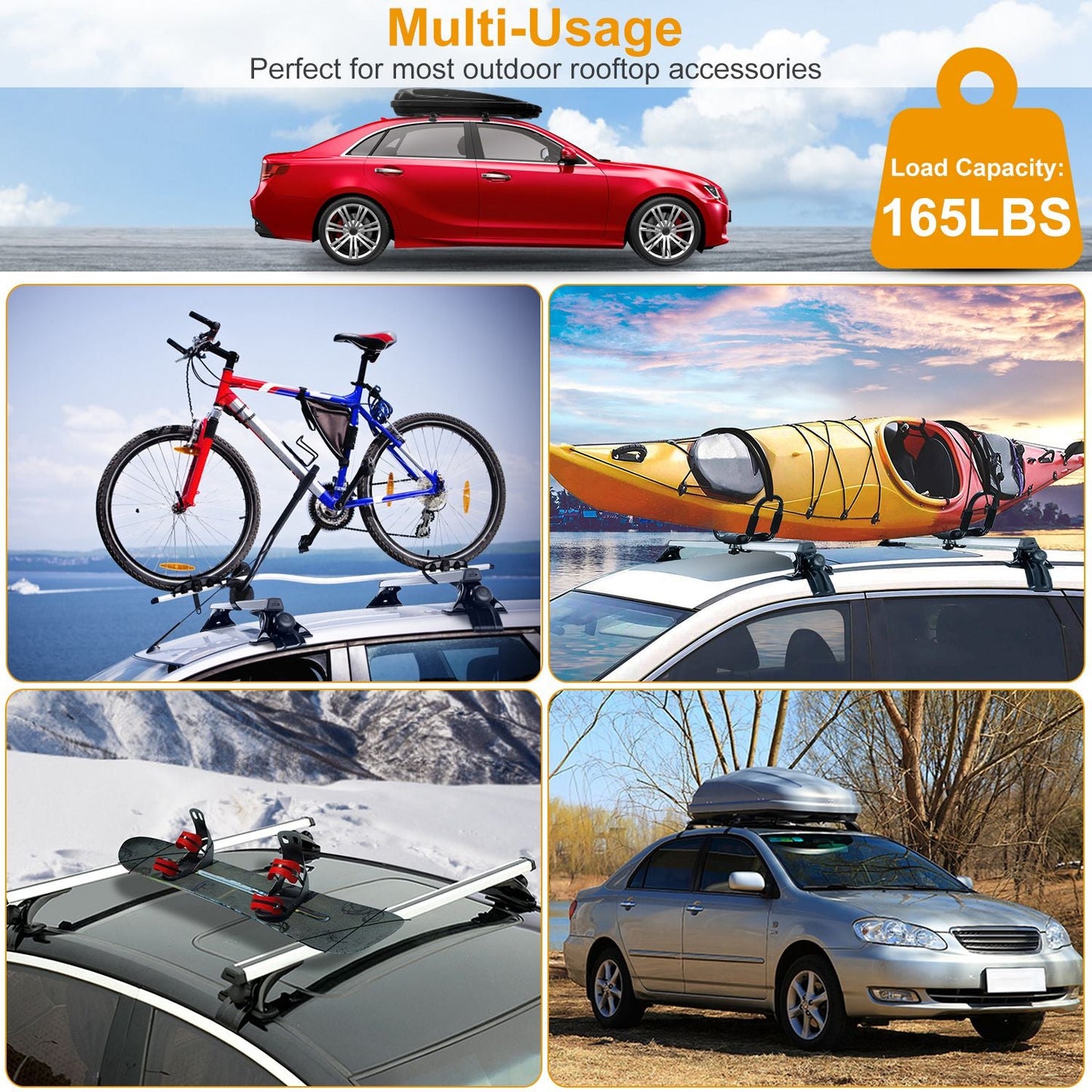 47.24in Universal Top Roof Rack Cross Bar Cargo Carrier Aluminum Crossbar Rack w/ 165LBS Capacity Fit for Most Vehicle Wagon Car Without Roof Side Rai