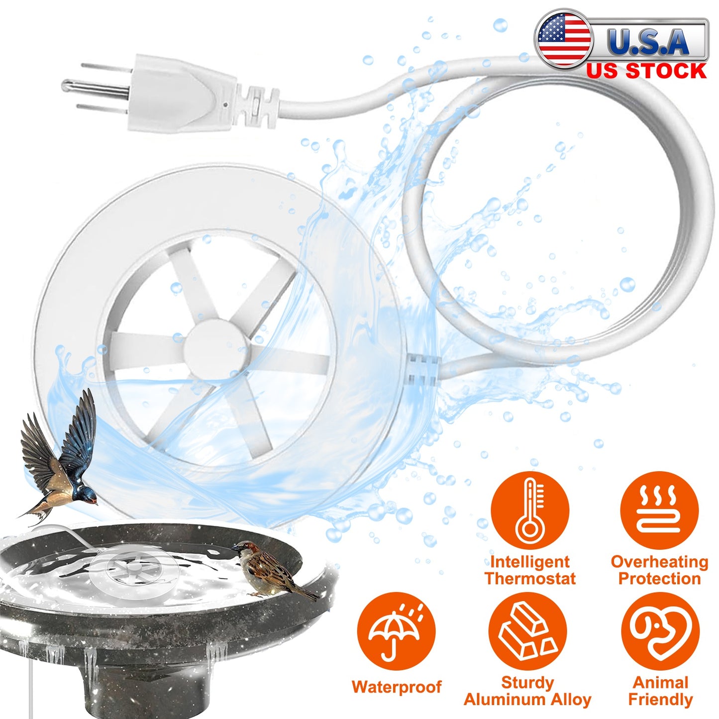 Bird Bath Heater 70W Thermostat Controlled Outdoor Deicer