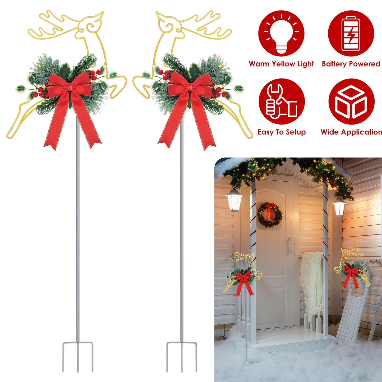 Christmas Reindeer Pathway Stake Lights with LED String (2-Pack)