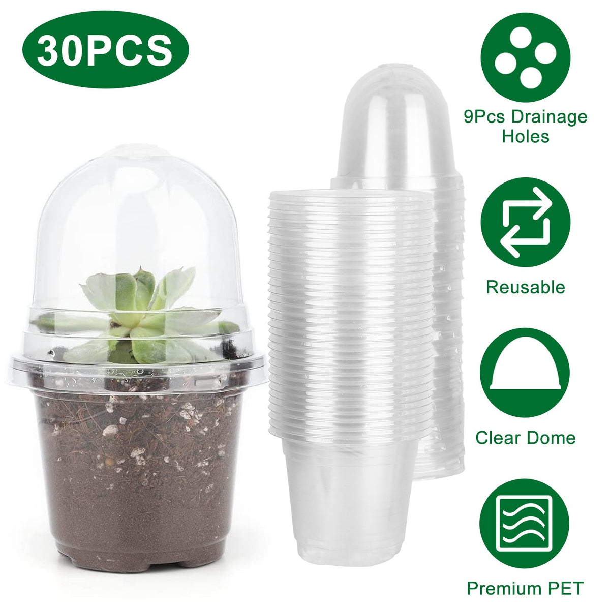 30Pcs Plant Nursery Pots PET Flower Seed Starting Pots Container with Dome with Drainage Holes