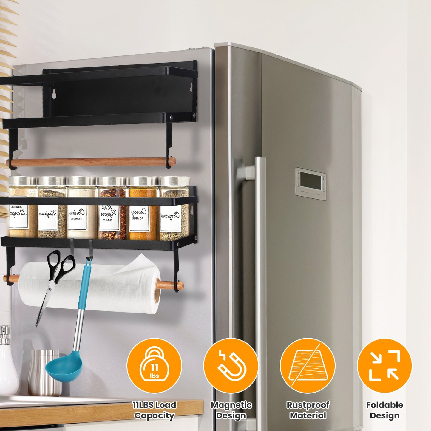 Magnetic Spice Rack for Refrigerator with Paper Towel Holder