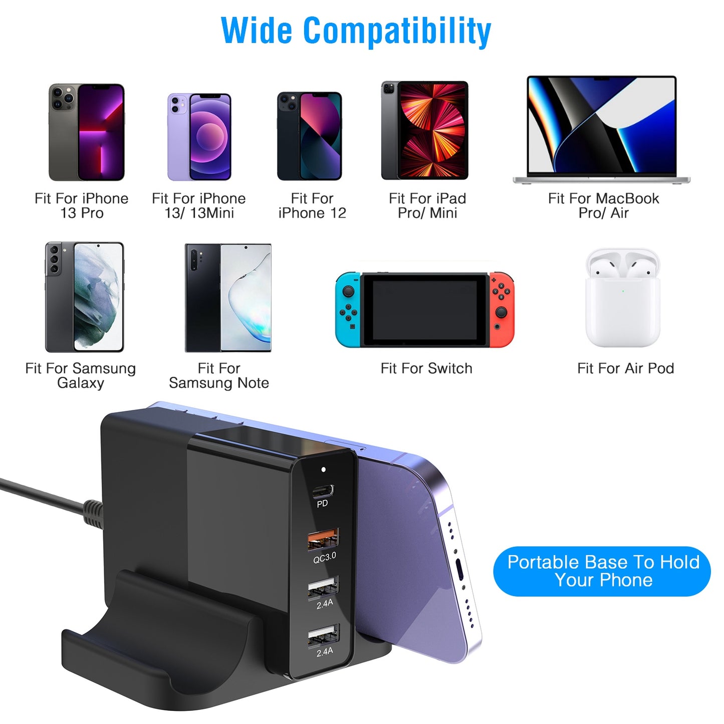 45W 4-Port USB Fast Charger with Type-C and USB-A Ports
