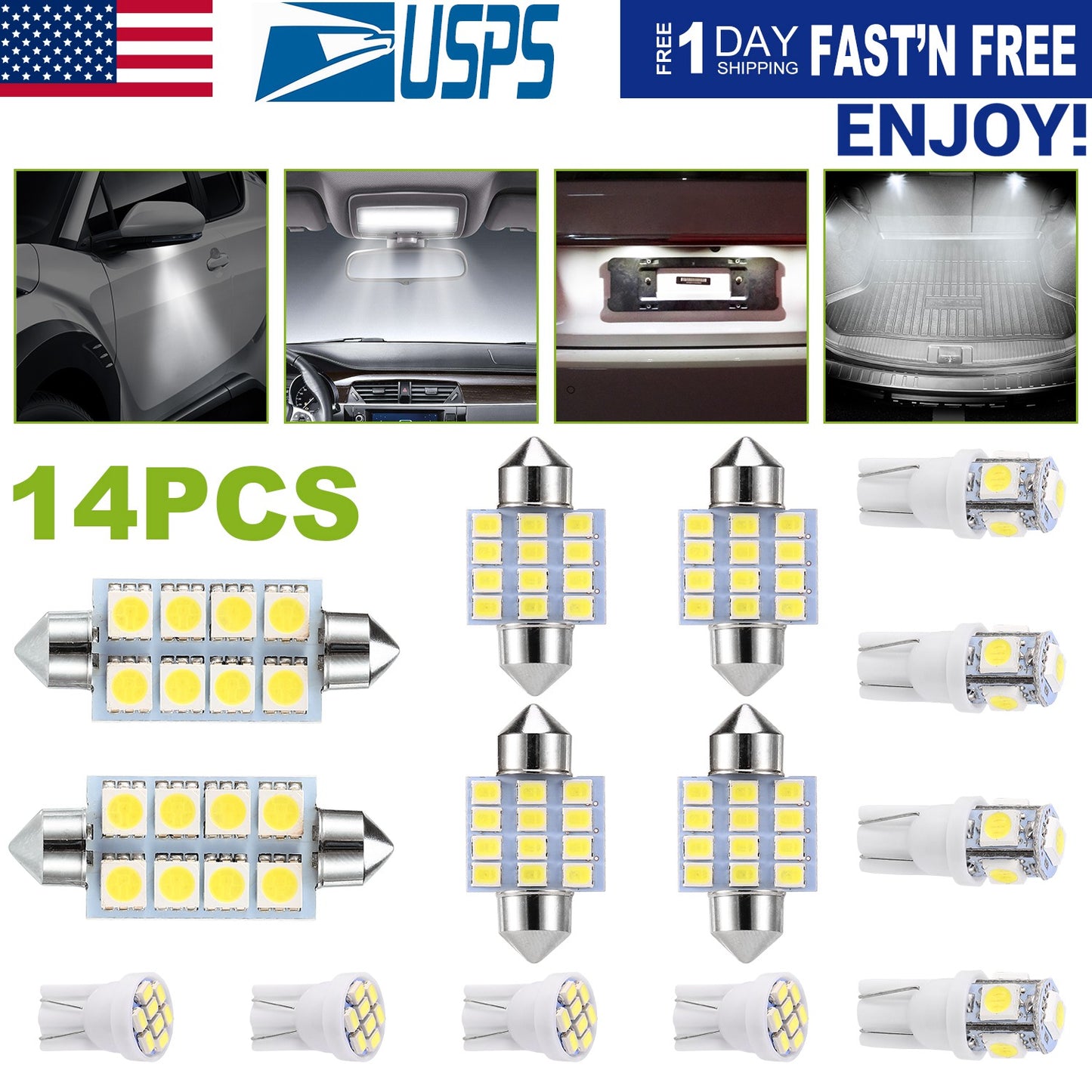 LED Interior Light Kit for Cars - 14 Piece Set, 6000K White
