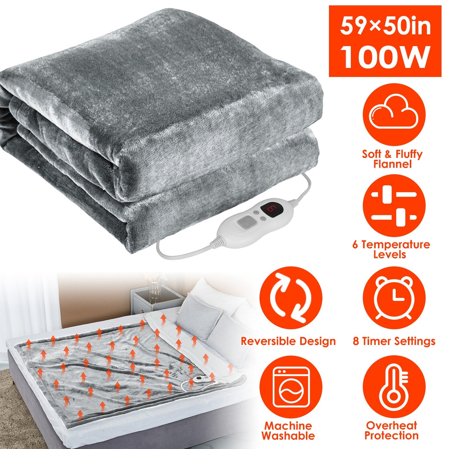 Electric Heated Throw Blanket with 6 Heat Settings, 59x50in