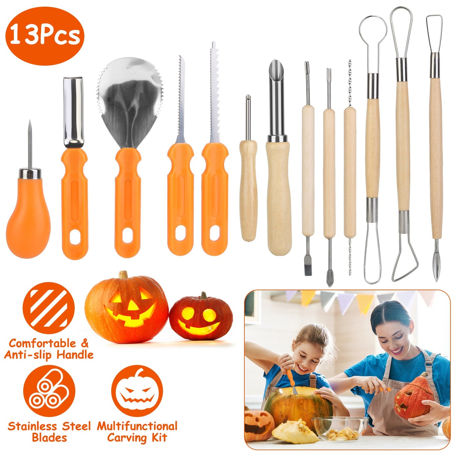 Pumpkin Carving Kit - 13 Piece Stainless Steel Tool Set