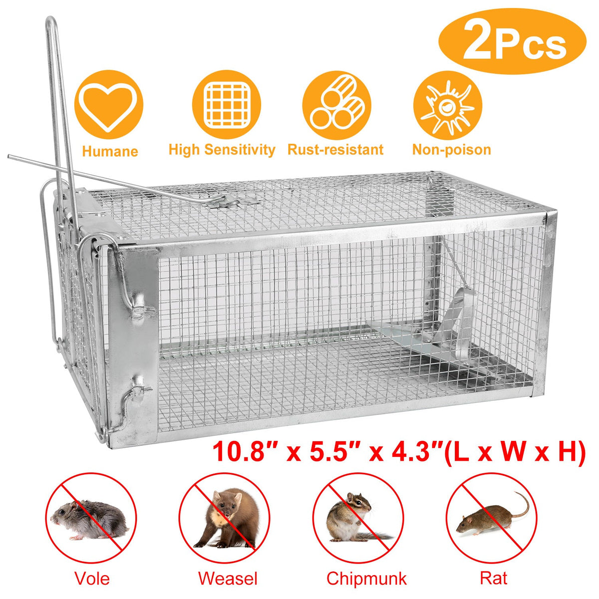 2 Pack Rat Trap Cage Humane Live Rodent Trap Cage Galvanized Iron Mice Mouse Control Bait Catch with Detachable U Shaped Rod