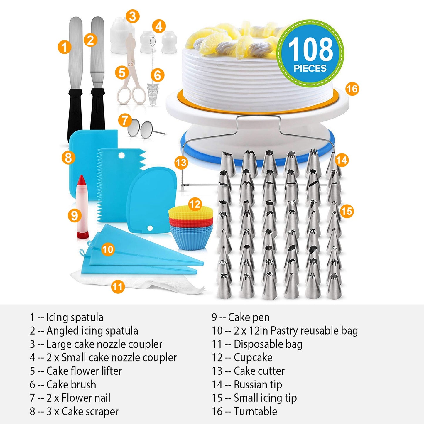 Rotating Cake Turntable with 108-Piece Decorating Kit