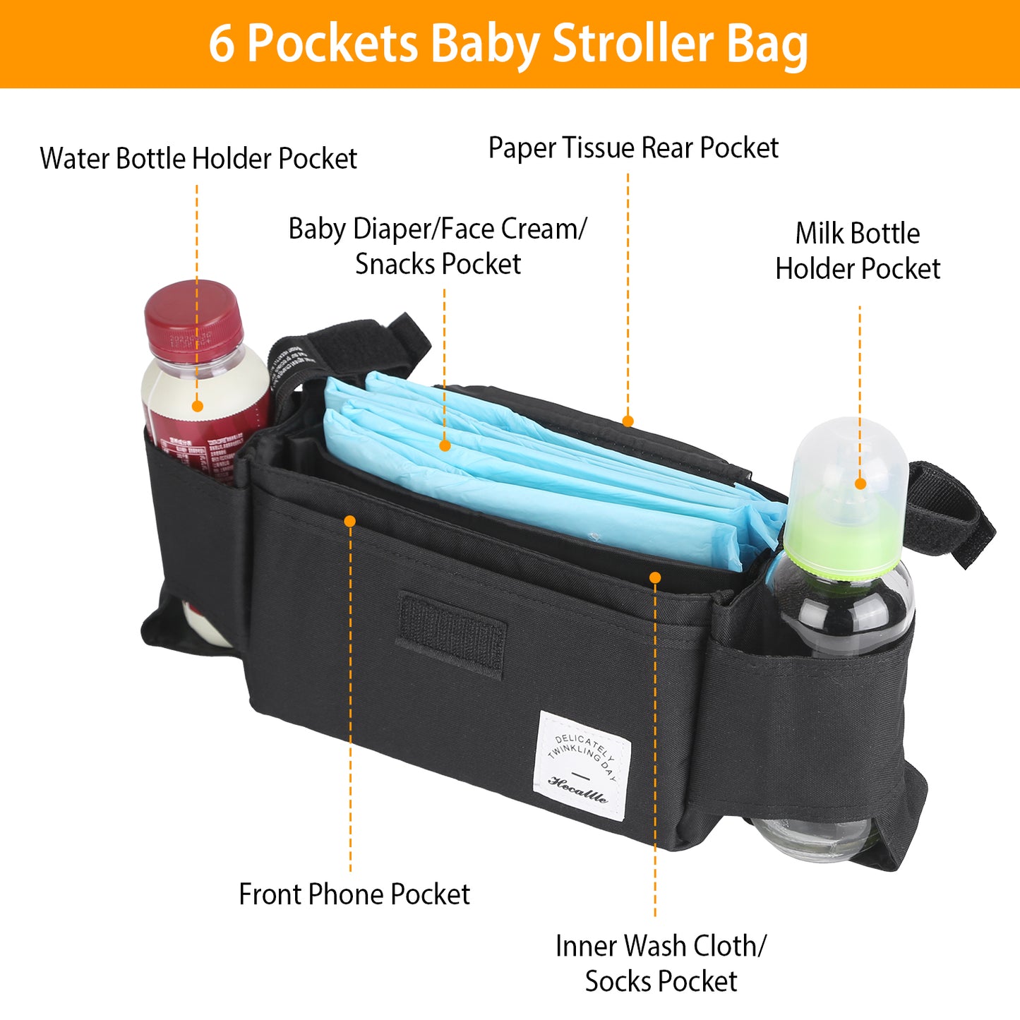 Stroller Organizer Bag with 6 Pockets and Cup Holders