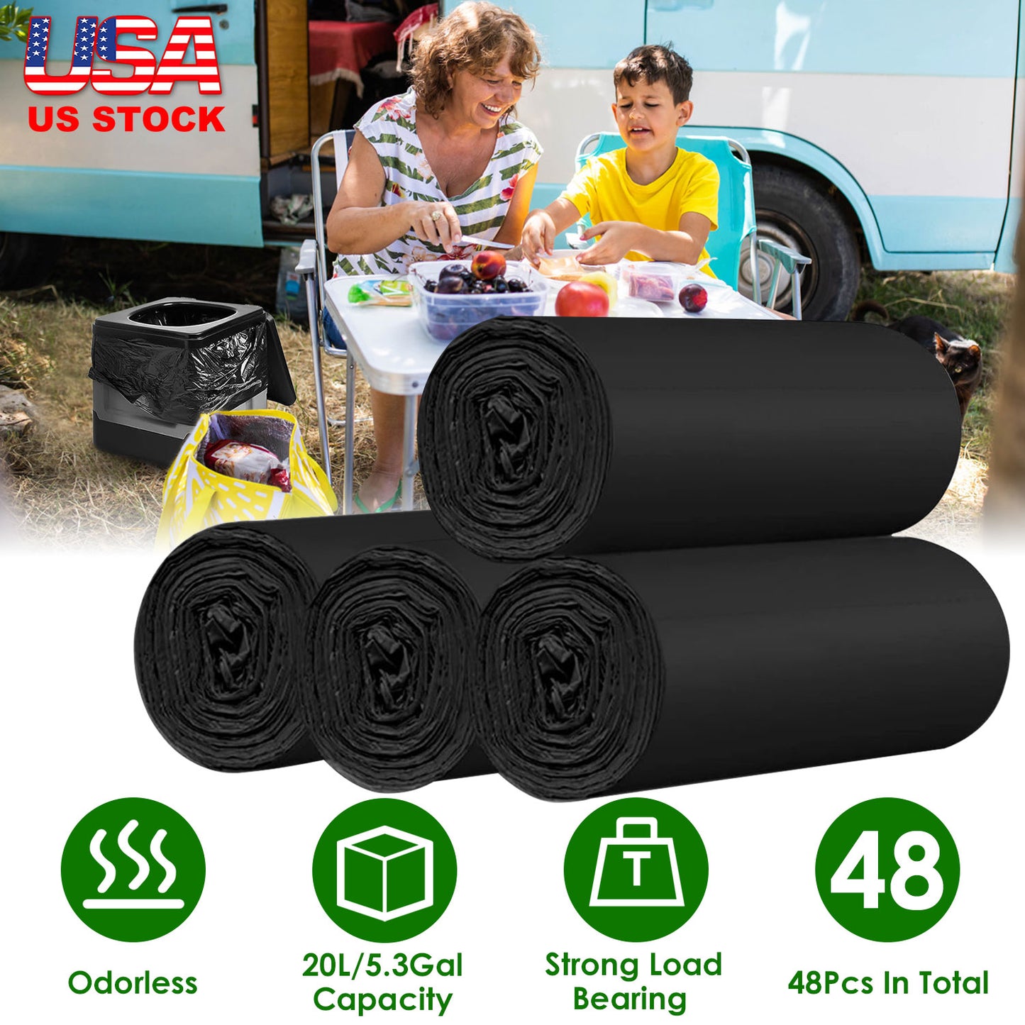 Garbage Bags 5.3 Gallon - 48 Count Black Unscented Trash Liners