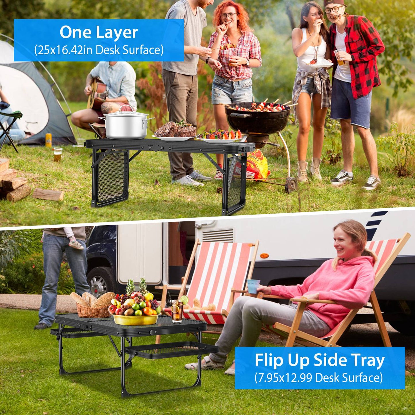 Foldable Camping Table with Dual Side Trays - 88 LBS Capacity