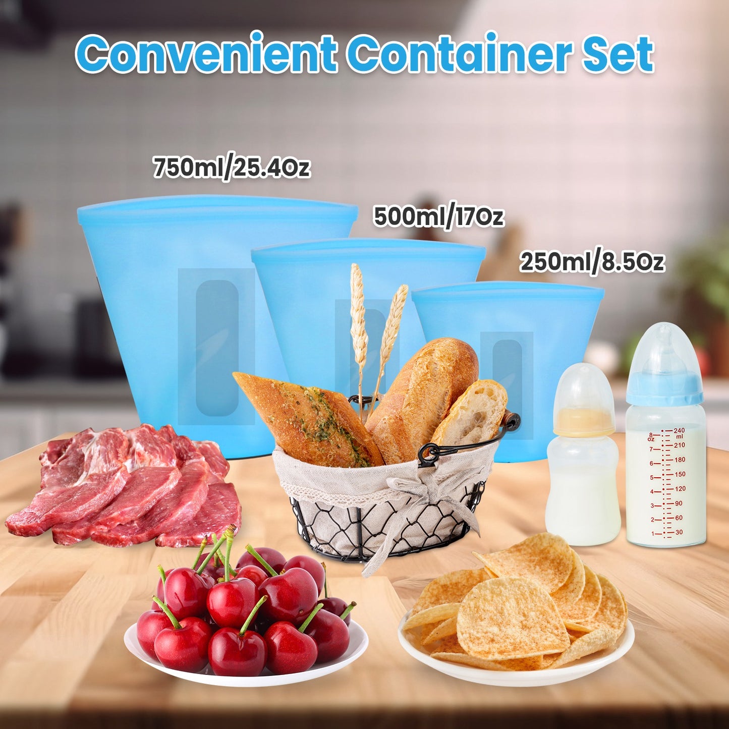 Silicone Food Storage Bags Set of 3 - Reusable & Leakproof