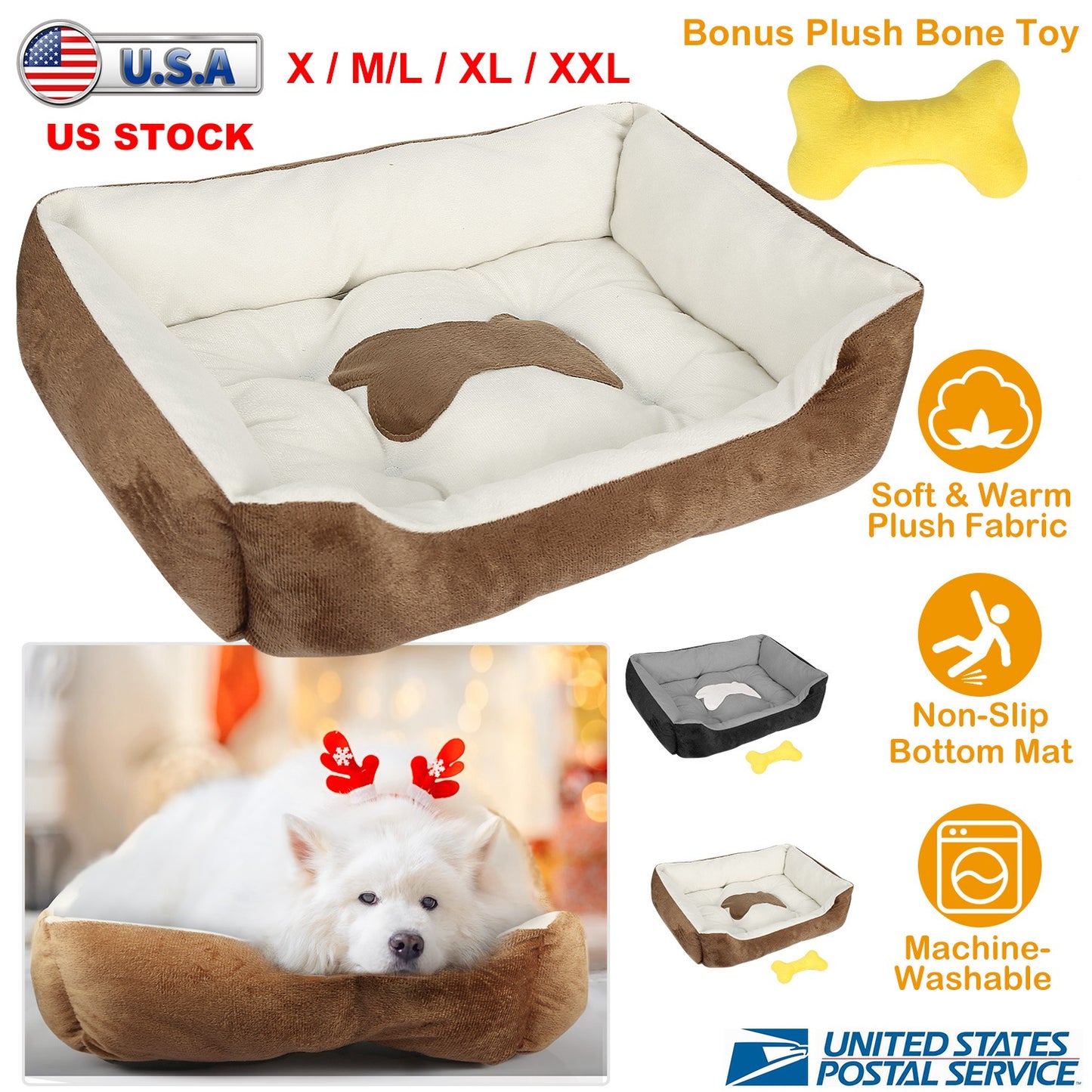 Plush Dog Bed with Non-Slip Bottom & Bonus Toy
