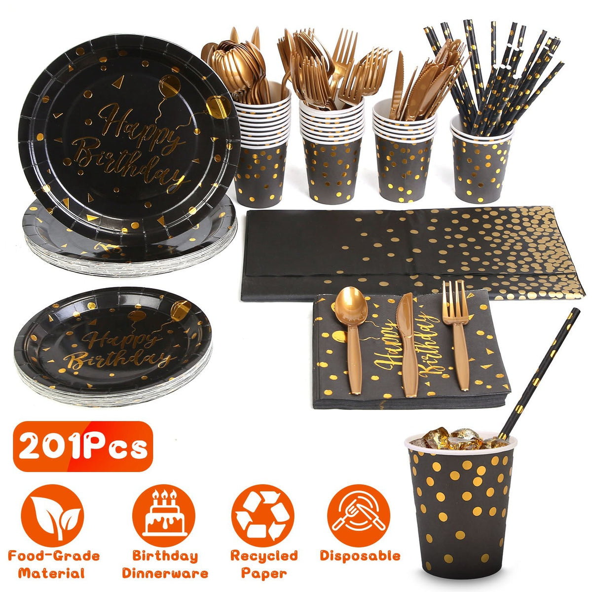 201PCS Black Gold Birthday Party Supplies For 25 Guests Happy Birthday Disposable Dinnerware Set Paper Plates 9OZ Cups Straws Napkins Forks Knives Spo
