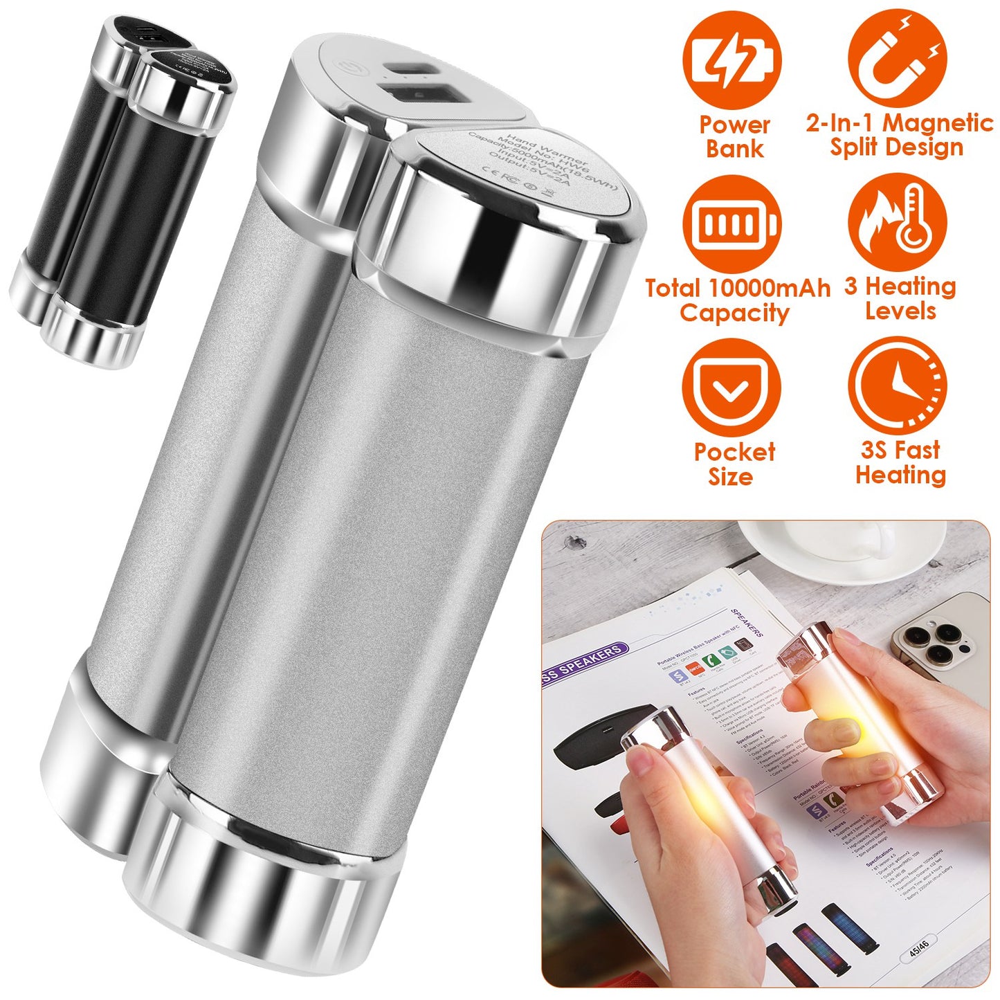 Magnetic Hand Warmers 2-Pack with 10000mAh Power Bank