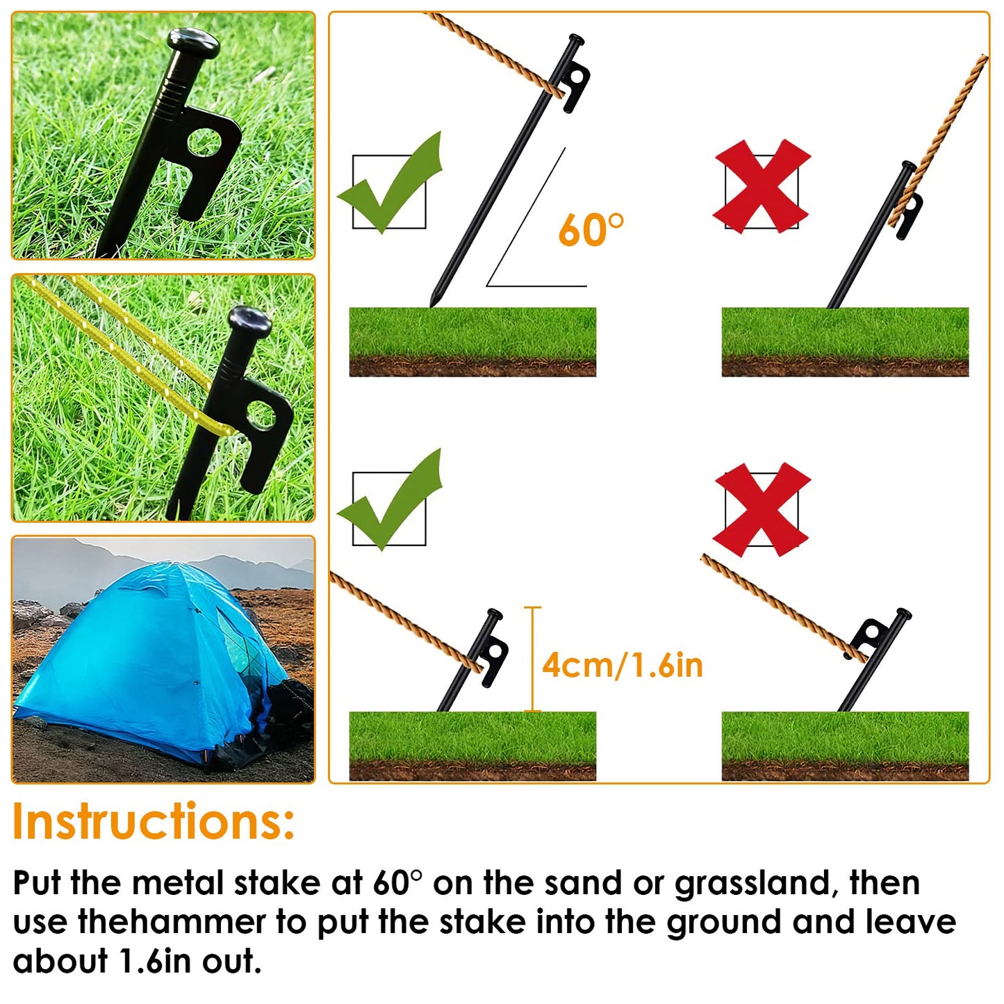 Tent Stakes Kit with Hammer and Reflective Ropes - 10 Stakes