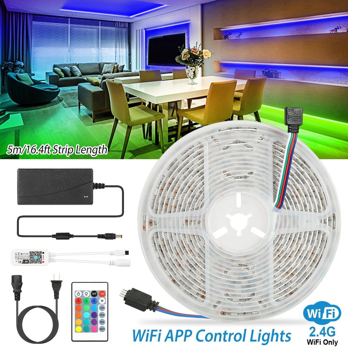 LED Strip Lights, Waterproof 16.4FT 300 LEDs SMD5050 RGB Color Changing WiFi Smart LED Light Strip Work with Alexa Google Assistant Sync with Music AP