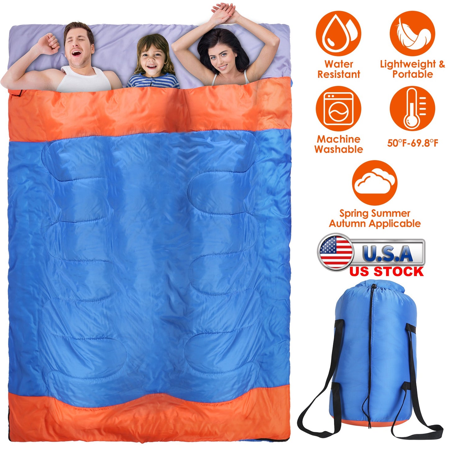 Double Sleeping Bag for 2-3 People - Water Resistant Cotton