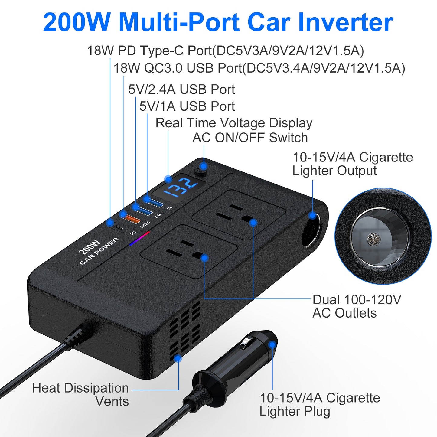 200W Car Power Inverter DC 12V to AC 110V with USB Ports