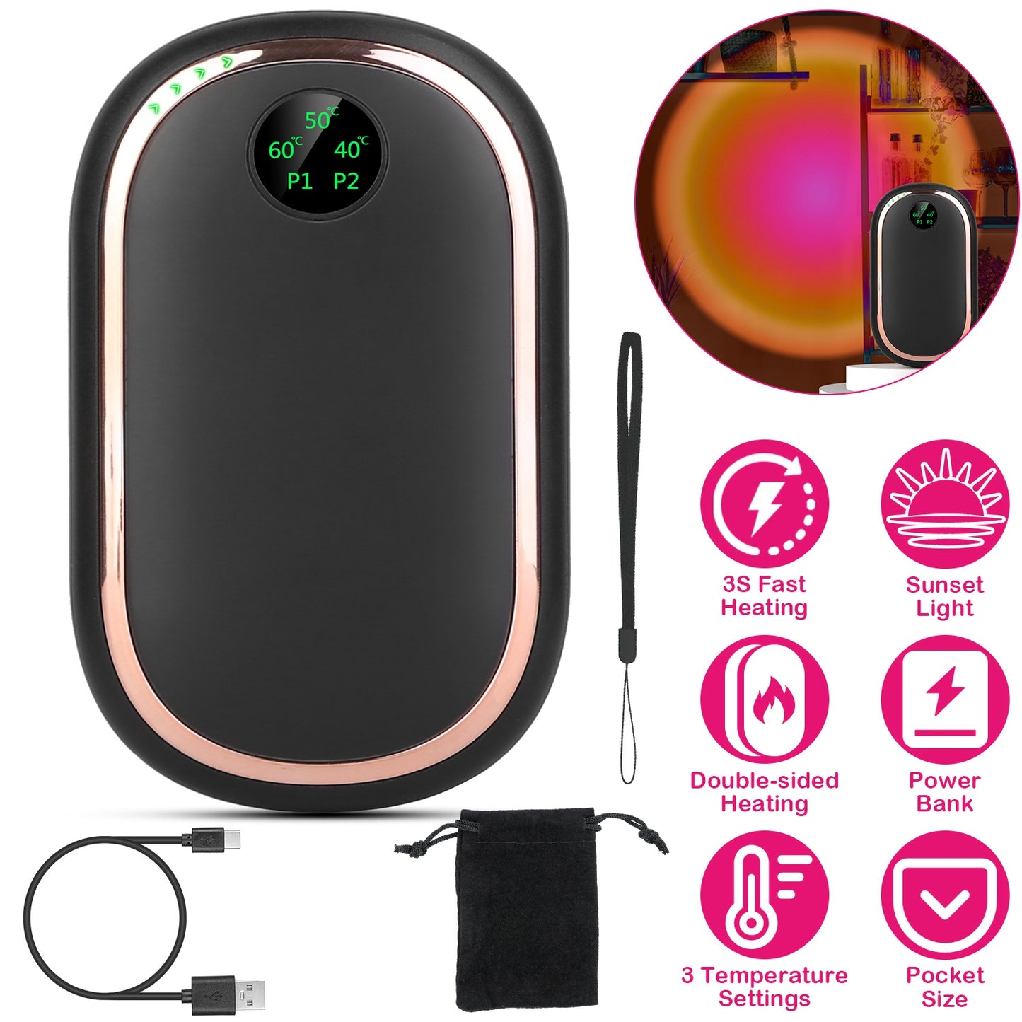 Rechargeable Hand Warmer with Power Bank & Digital Display