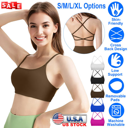 Women Cross Back Sport Bras Padded Strappy Crop Open Back Low Impact Bras Sexy Fitness Tank Tops with Removable Pads Thin Straps for Gym Yoga Workout