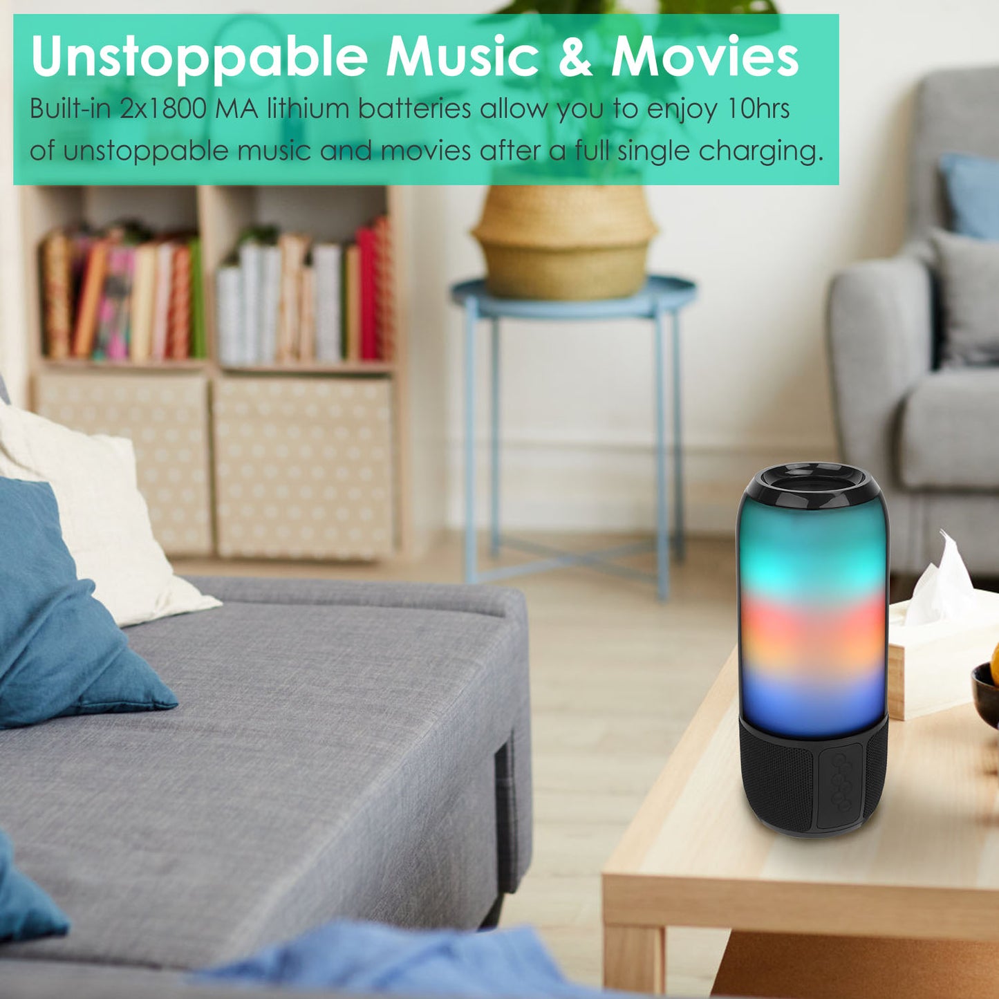 Portable Bluetooth Speaker with 6 Color LED Lights & Stereo Sound