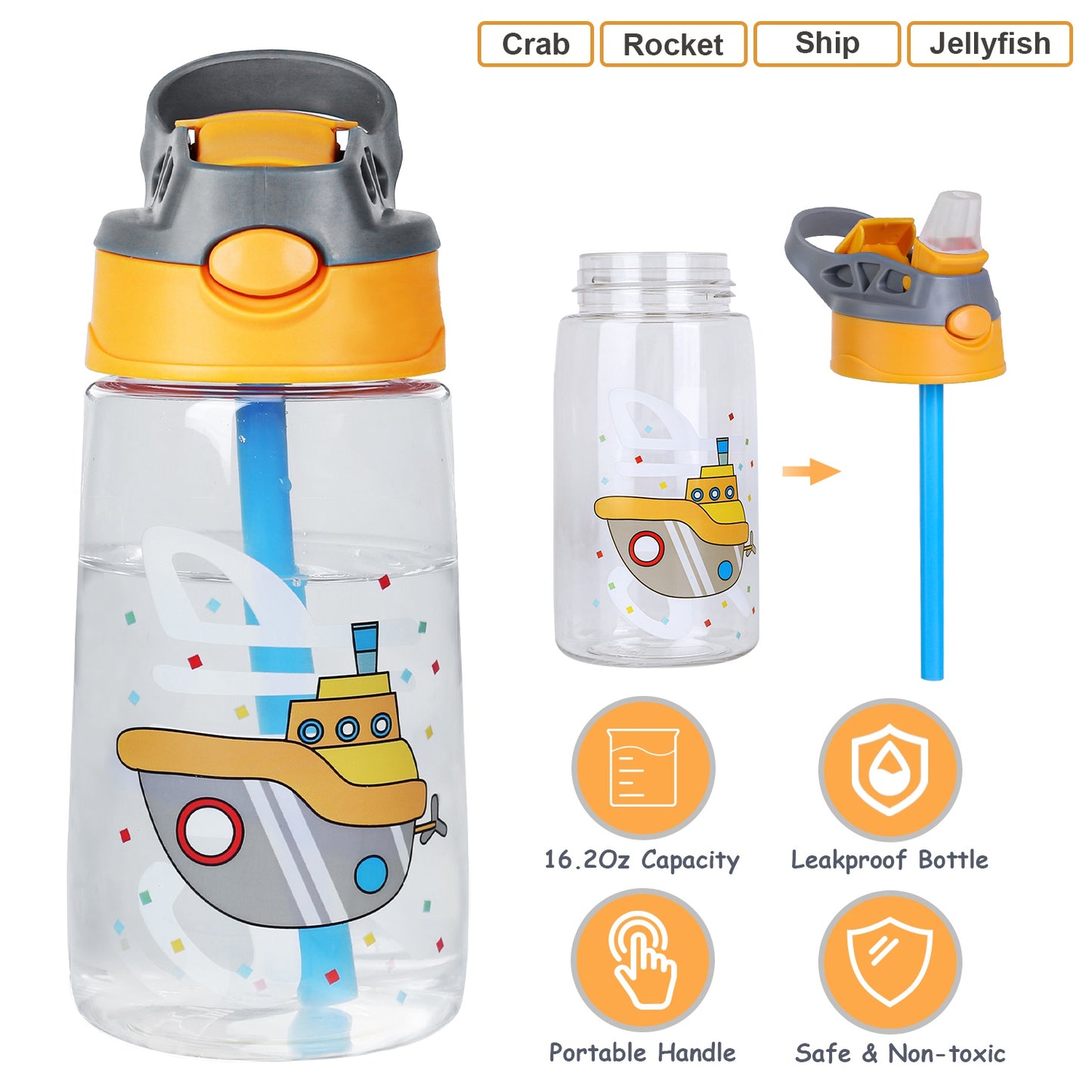 Kids Water Bottle with Straw 16.2oz Leak-Proof Push Button