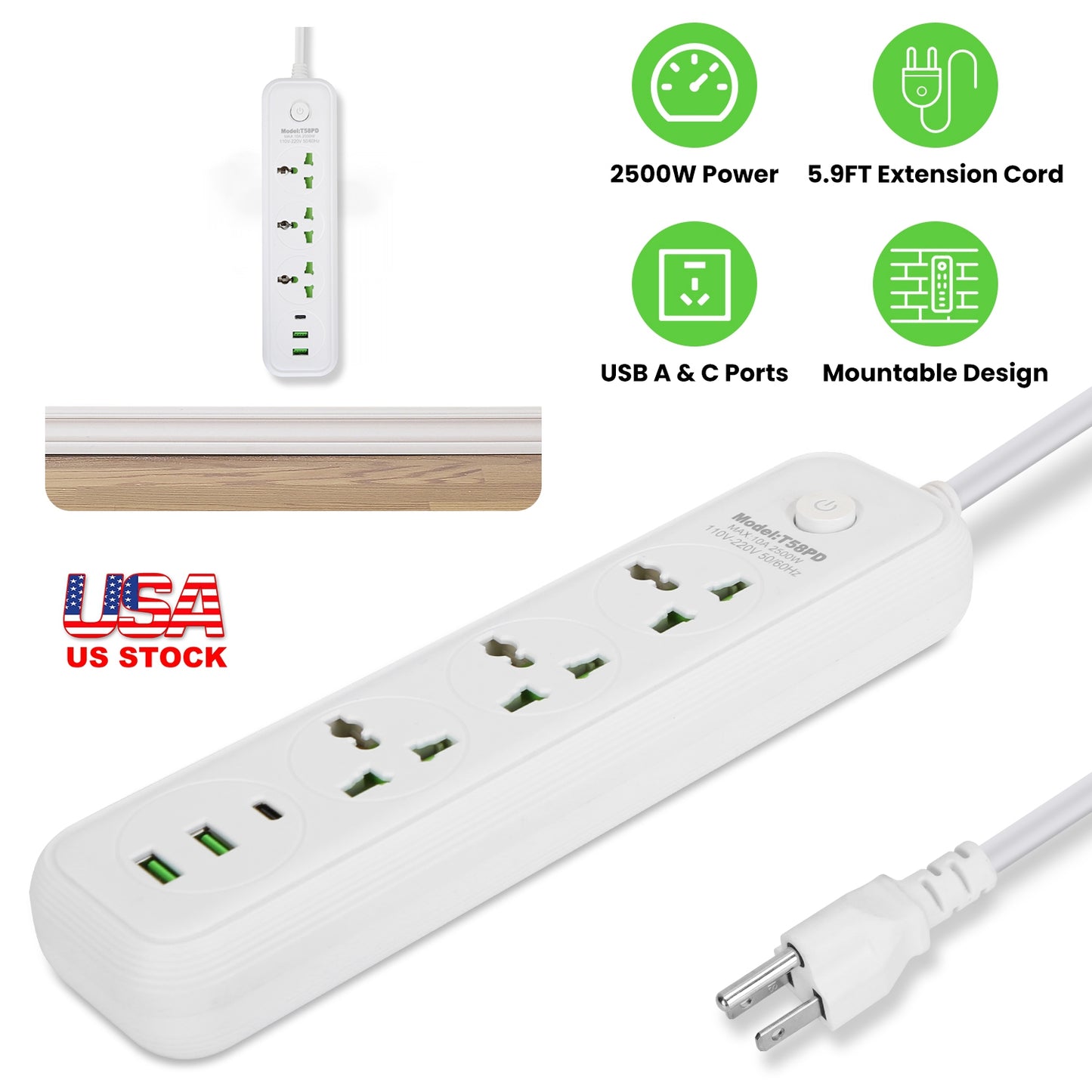 Power Strip with 5.9ft Extension Cord, 3 AC Outlets & USB Ports