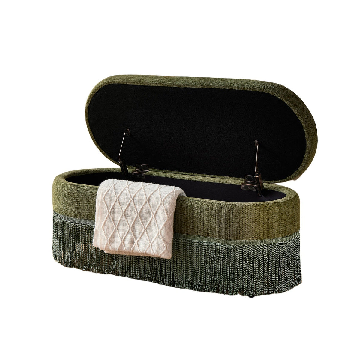 Oval Upholstered Storage Ottoman with Fringe Trim, 39.4"