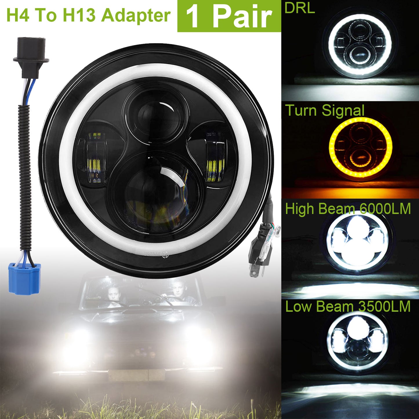 7" Round LED Headlights with Halo Angel Eyes for Jeep Wrangler