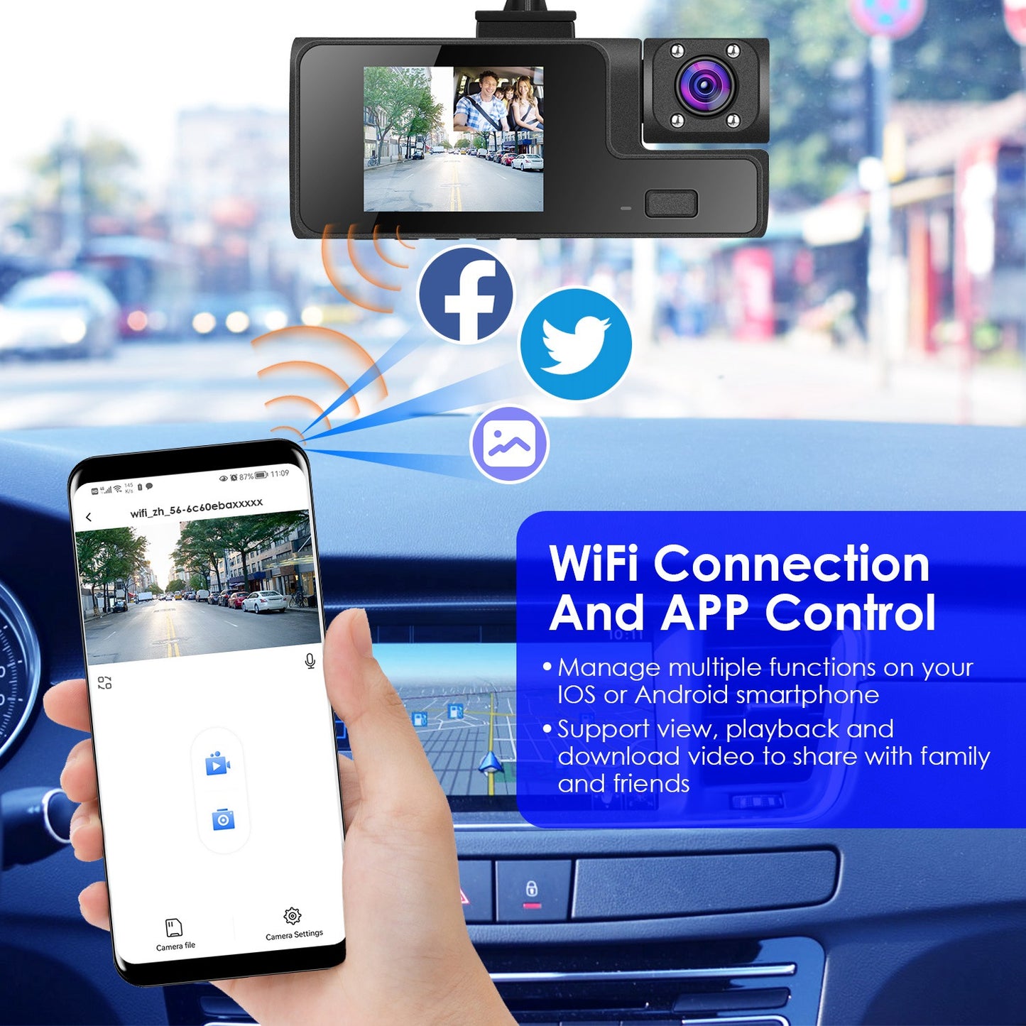 3-Channel Dash Cam with WiFi, 1080P Front & Rear Cameras