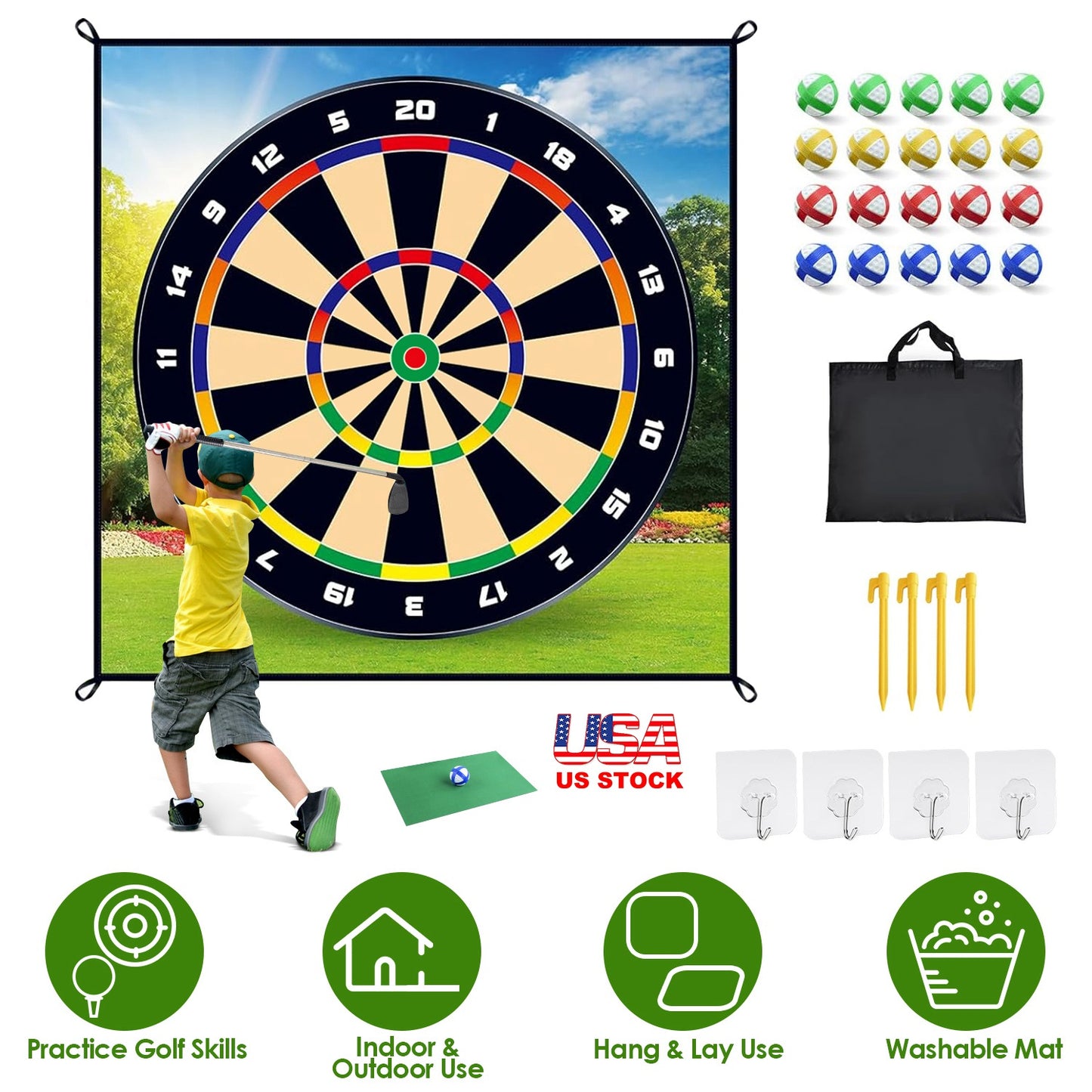 Golf Chipping Dart Game Mat Set with 20 Sticky Balls
