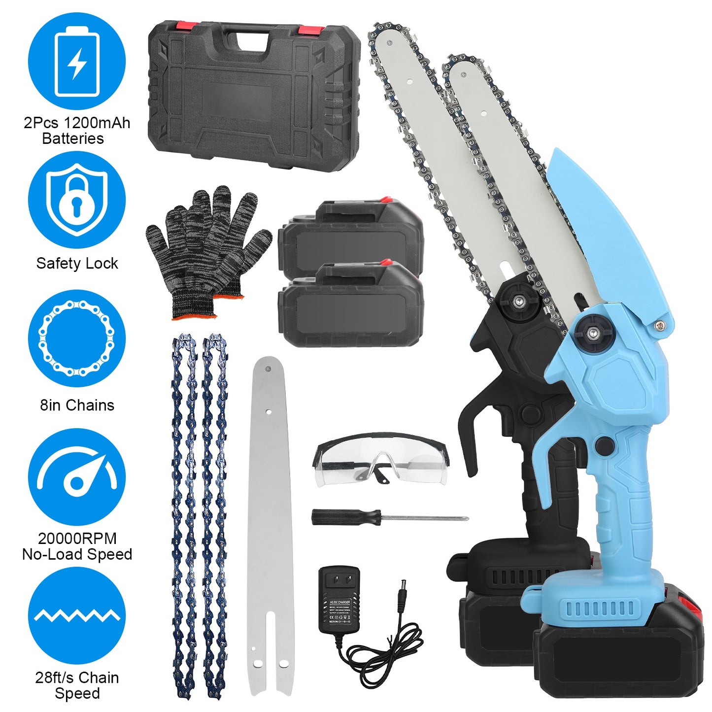 Mini Chainsaw Cordless 8-Inch with 2 Batteries and Accessories