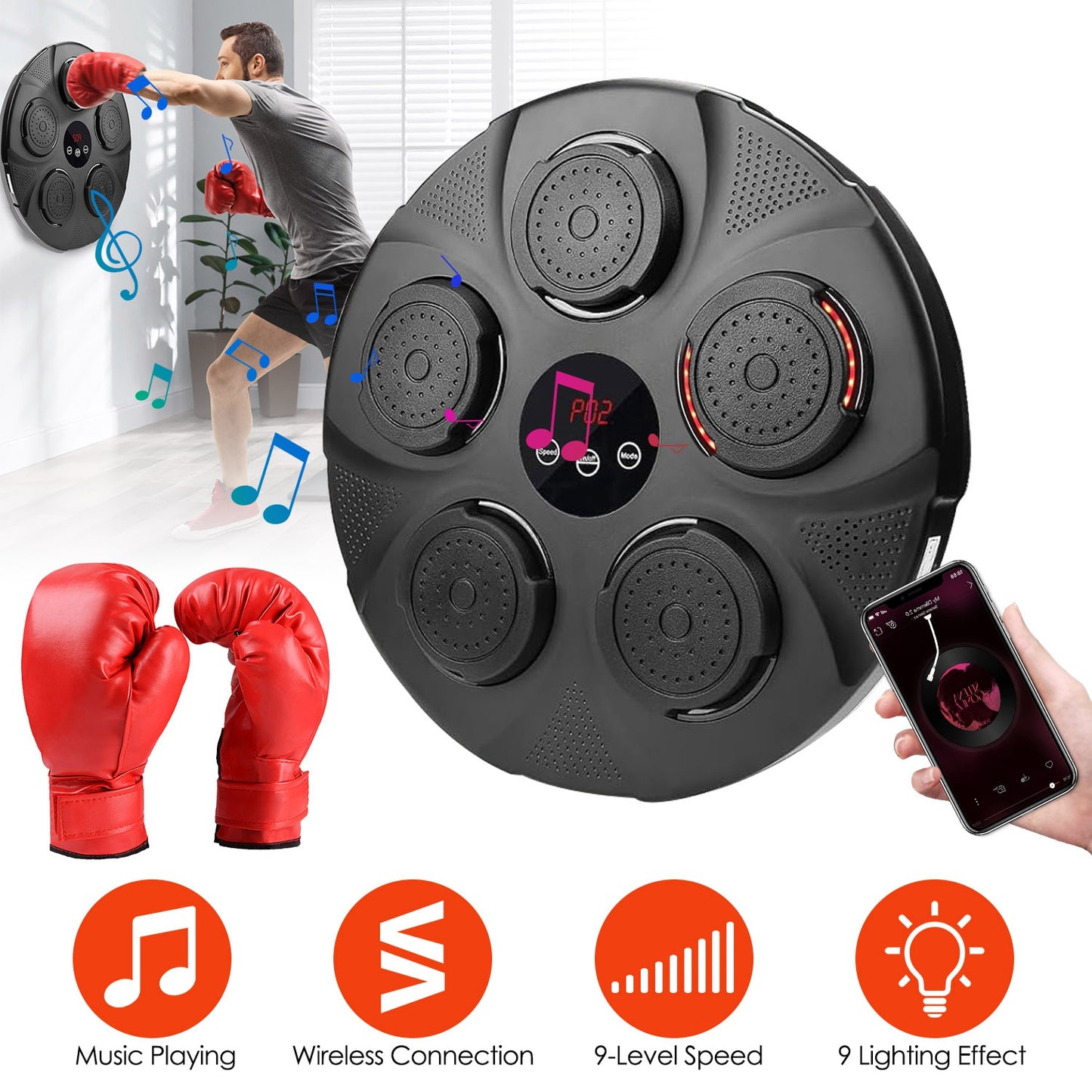 Music Boxing Machine with LED Lights and Bluetooth Speaker