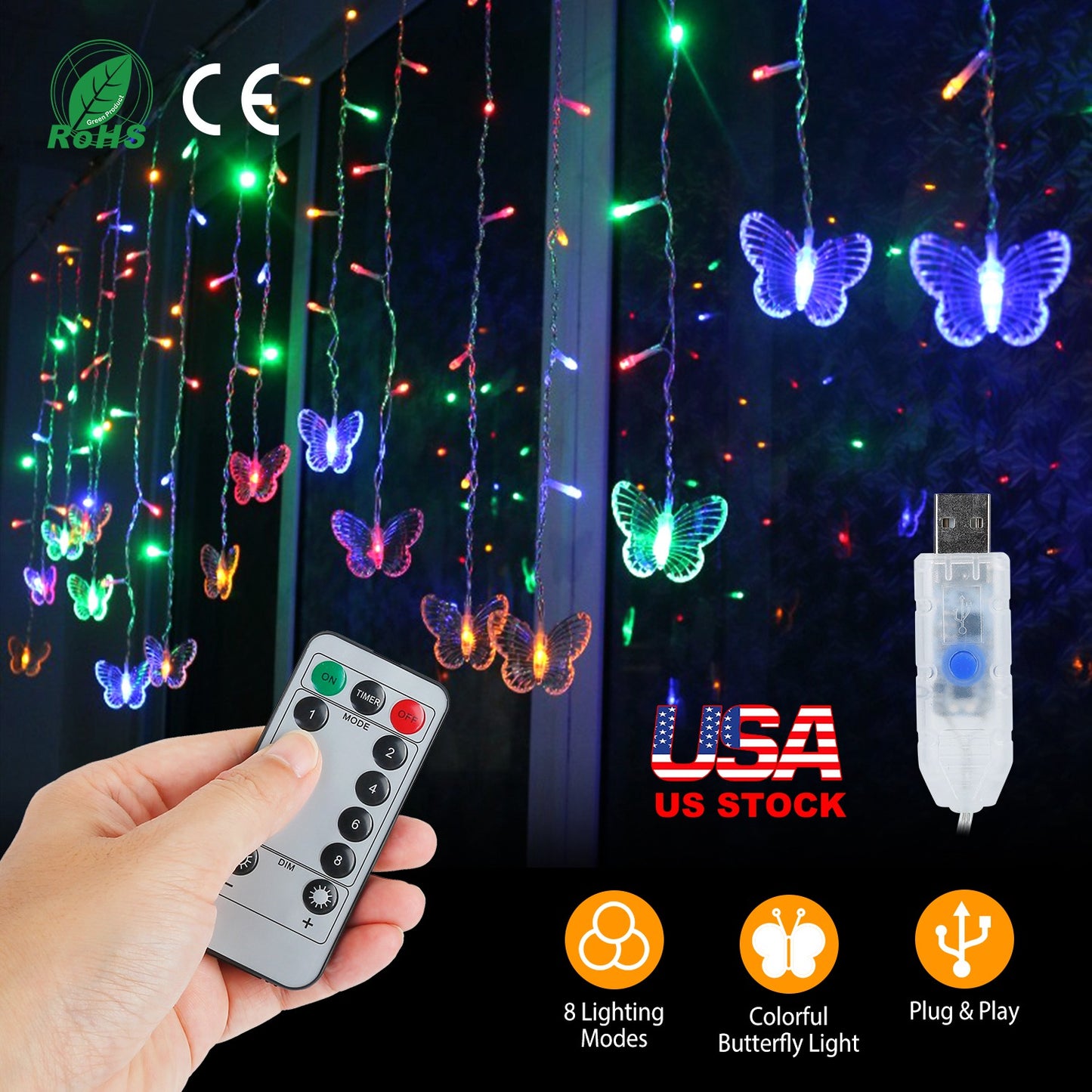 Butterfly Curtain String Lights with Remote - 96 LED, 11.5ft