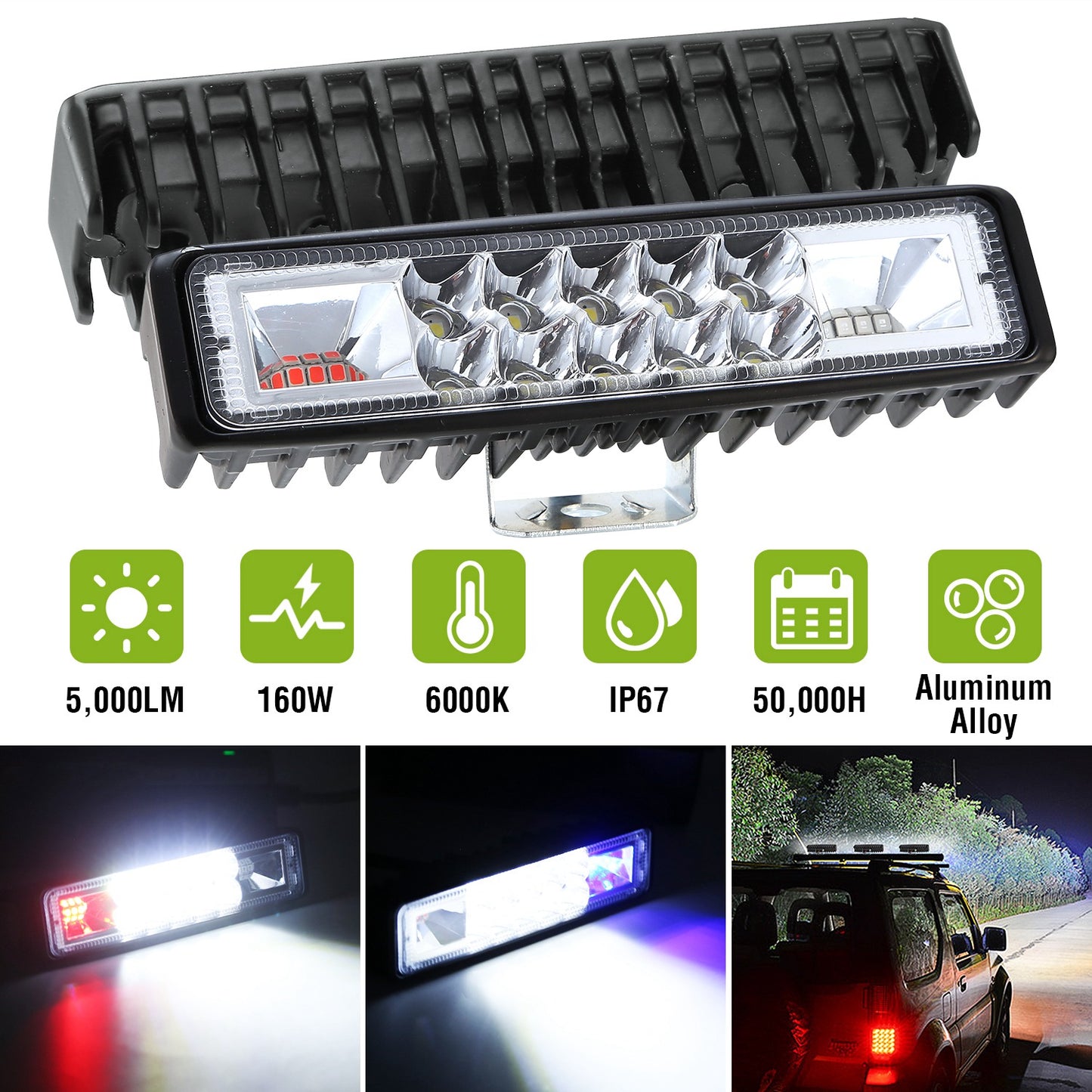 6-Inch LED Light Bar 160W with Red & Blue Warning Lights