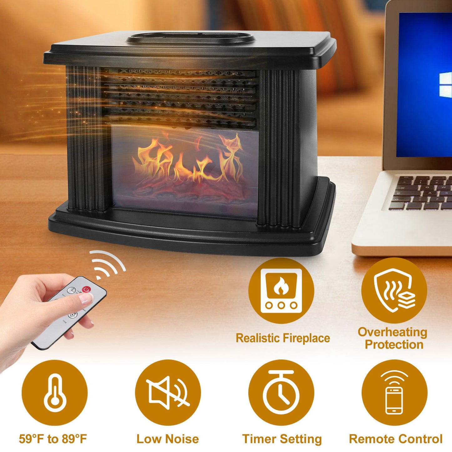 Electric Fireplace Heater 800W with Remote & Timer Control