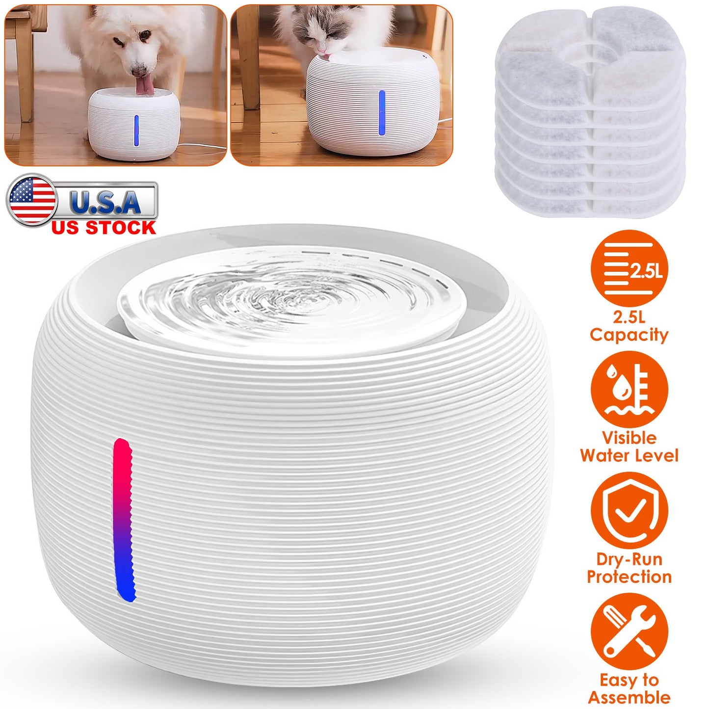 Pet Water Fountain with LED Light and Filters, 2.5L